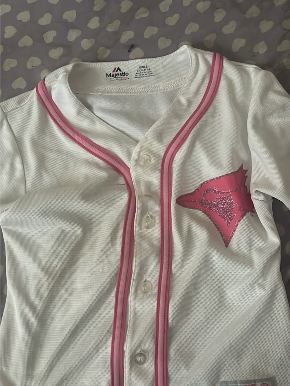 Majestic White Button-Front Baseball Top with Pink Trim
